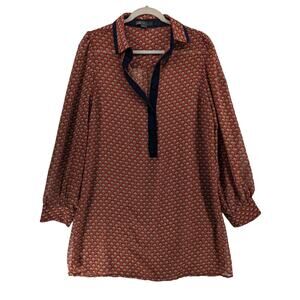 Maddy K Printed‎ Tunic L Orange Long Collared Top Button Up Blouse Everyday Work